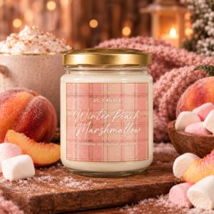 Κερί Σόγιας Winter Peach Marshmallow σε Βάζο Μαρμελάδας – Signature Label